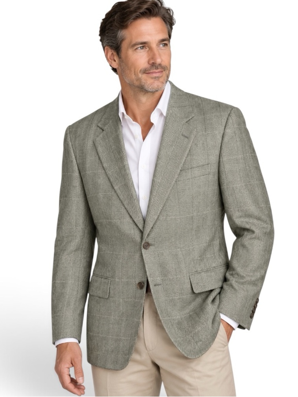 Jos A Bank 100% Silk Sport Coat Mens 42L Sage Green Herringbone Windowpane Plaid